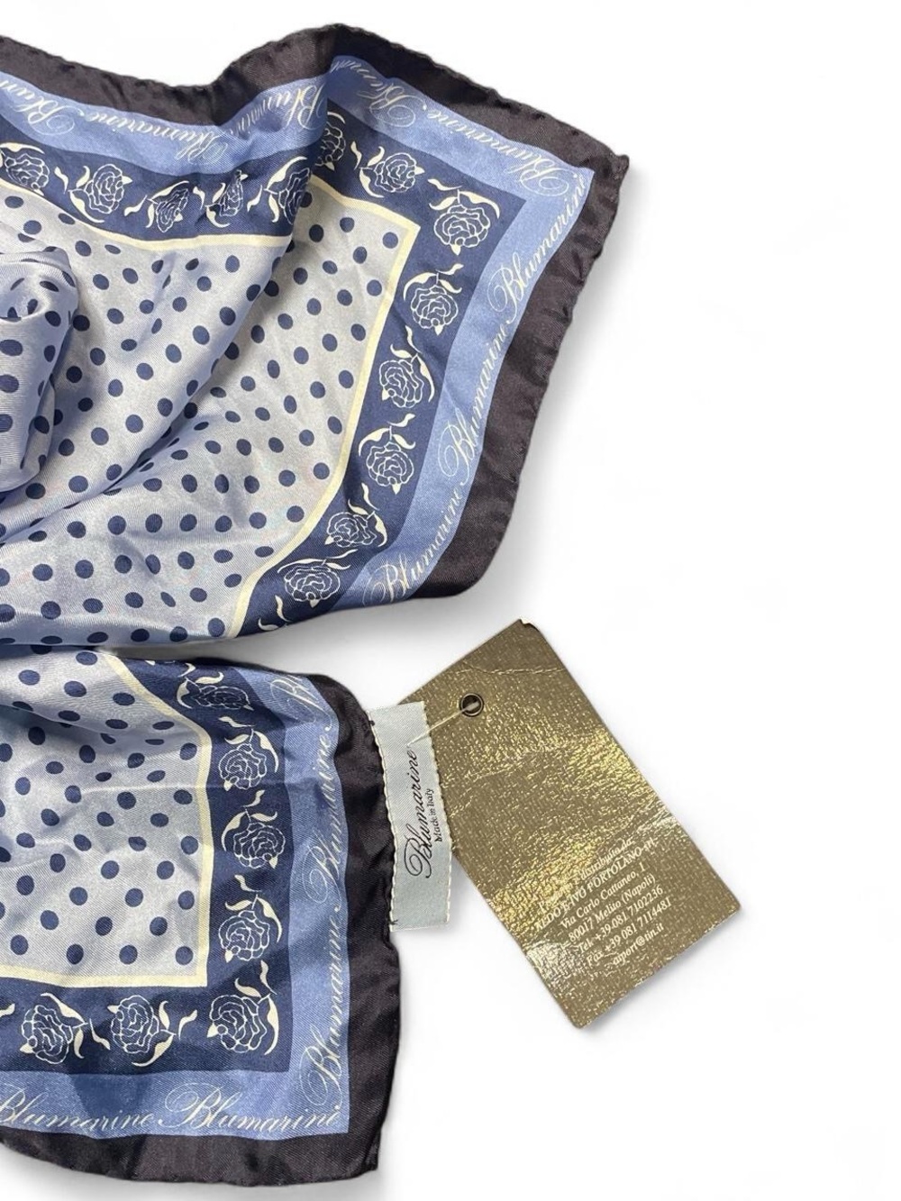 Blumarine NWT Polka Dot & Rose Border Silk Scarf in Blue 20x20 Made in Italy - Picture 3 of 4